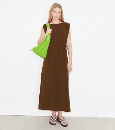 Tory Burch designer coverups Terry Jacquard Maxi Dress in Anise Brown on model front