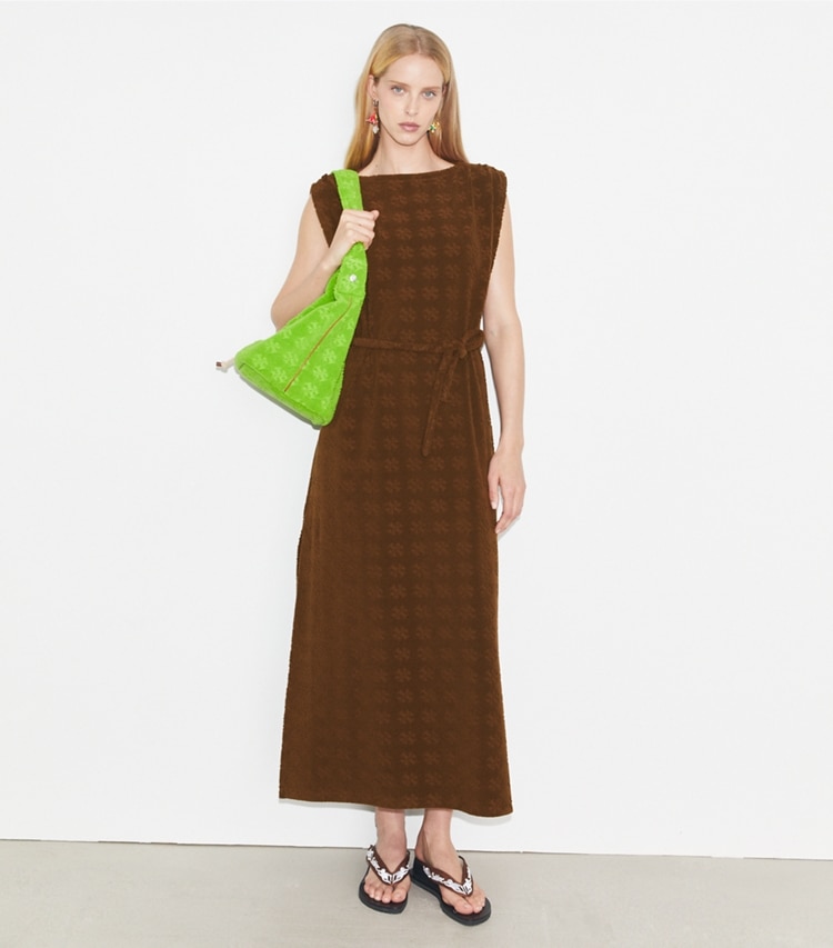 Tory Burch designer coverups Terry Jacquard Maxi Dress in Anise Brown on model front