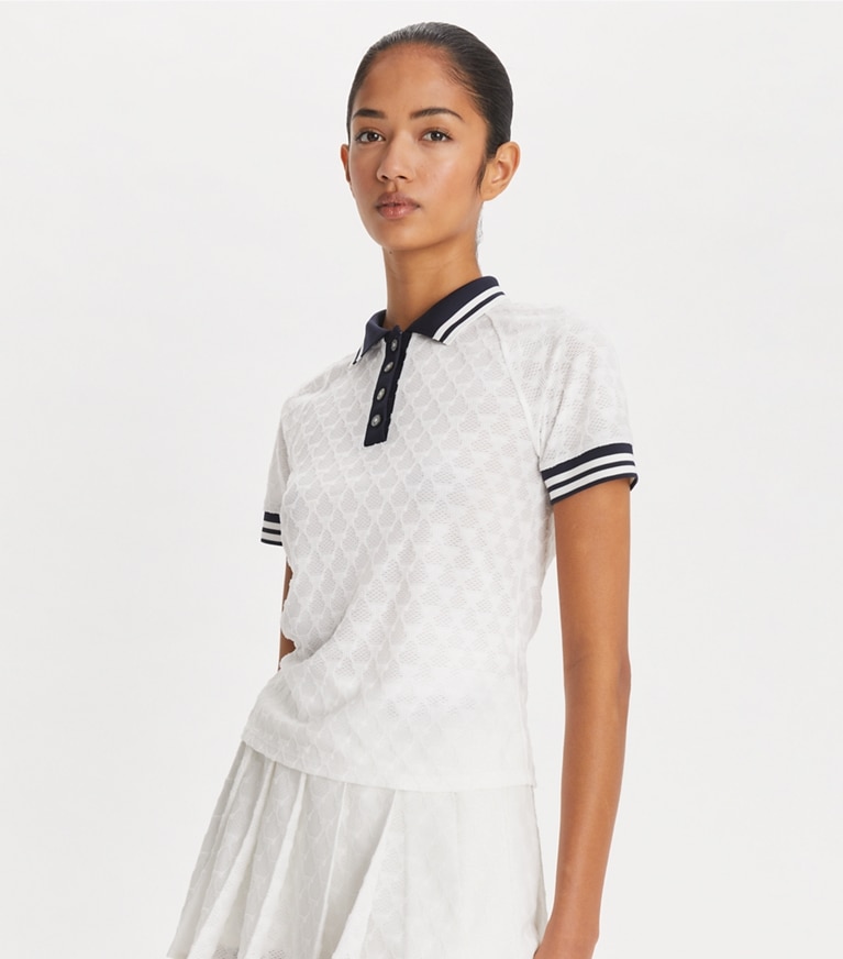 Tory Sport designer tops Terry Jacquard Polo in Snow White front