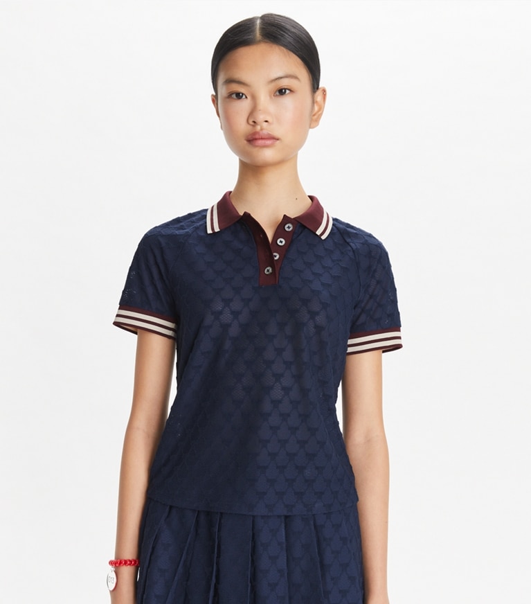 Tory Sport designer トップス テリージャカード ポロシャツ in Tory Navy front