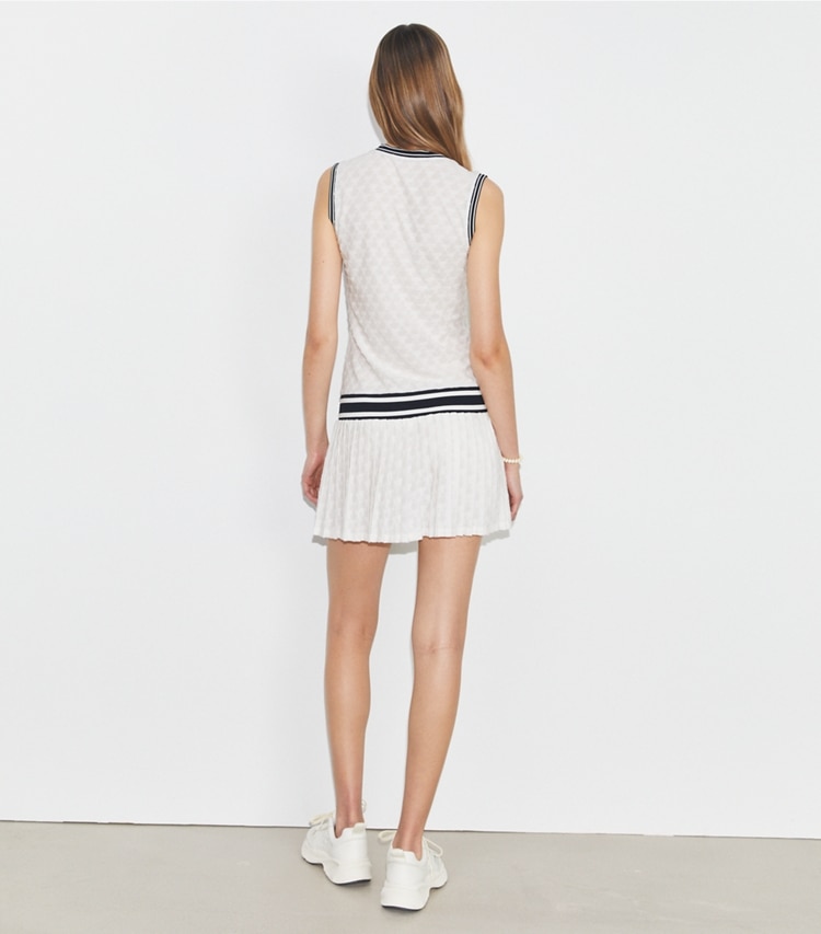 Tory Sport designer dresses Terry Jacquard Tennis Dress in Snow White on model back