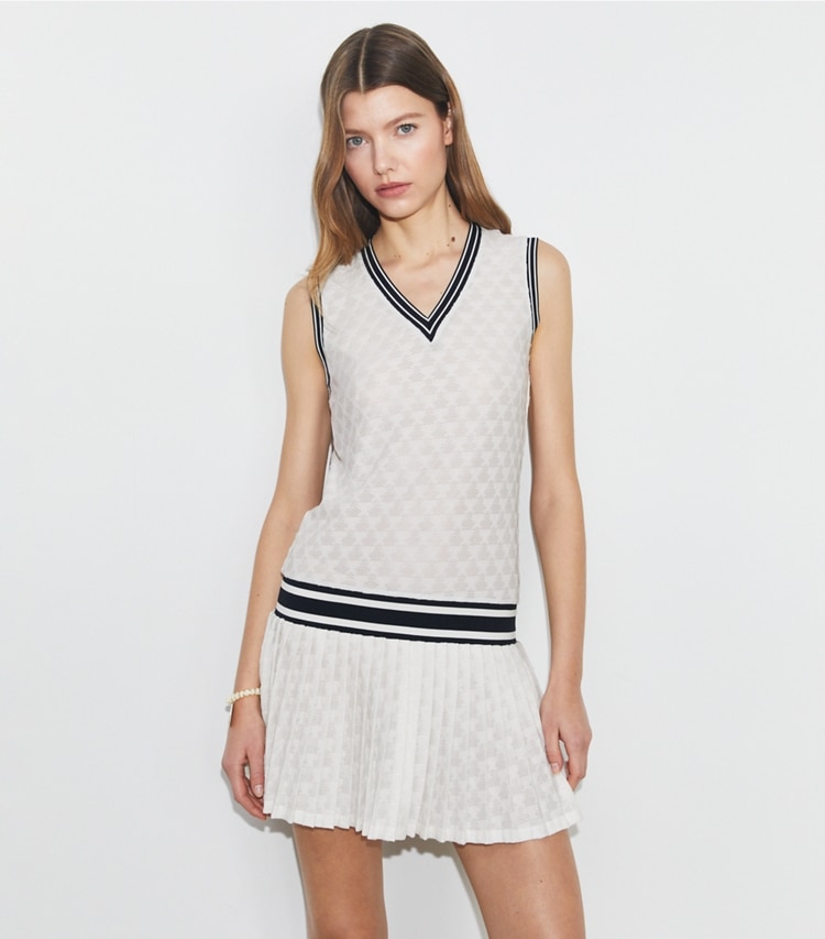 Tory Sport designer dresses Terry Jacquard Tennis Dress in Snow White on model detail