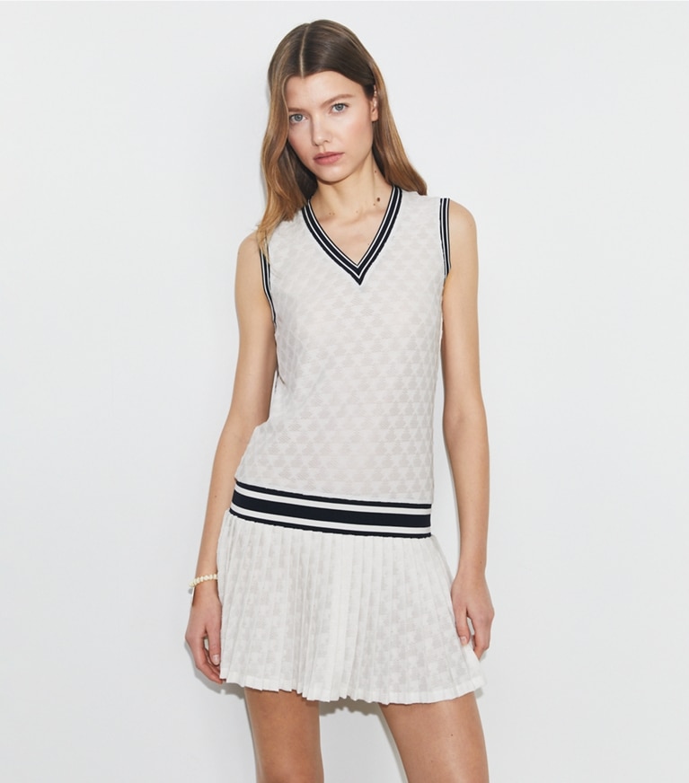 Tory Sport designer dresses Terry Jacquard Tennis Dress in Snow White front