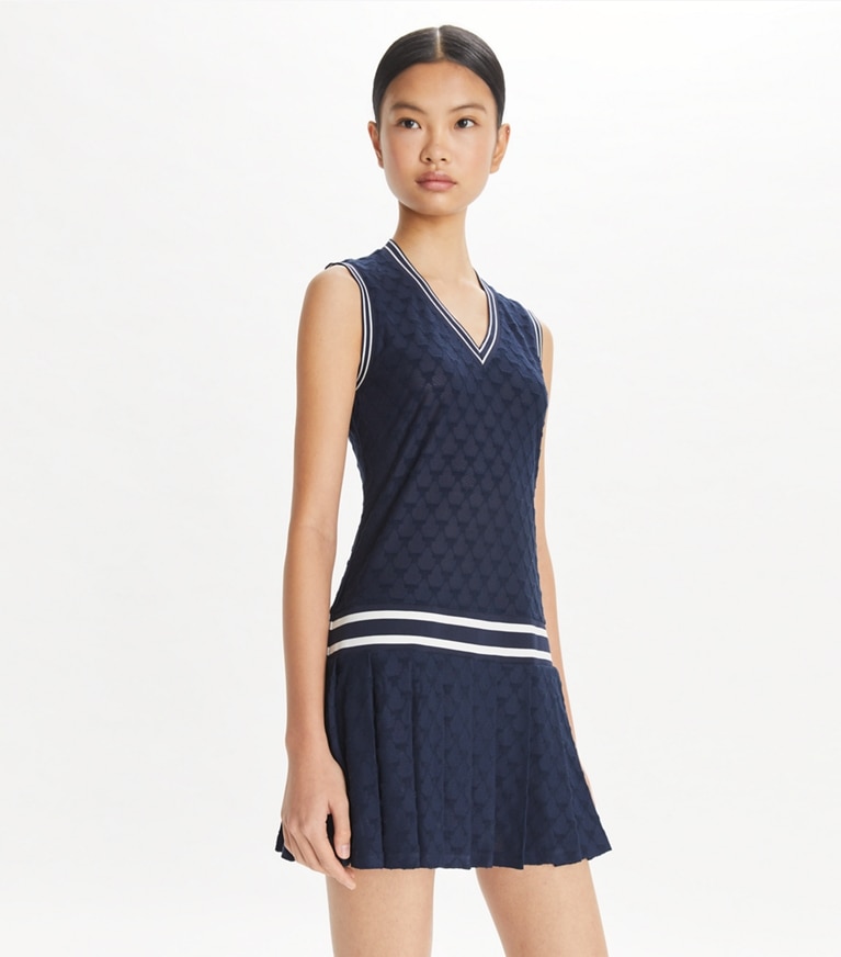 Tory Sport designer dresses Terry Jacquard Tennis Dress in Tory Navy front
