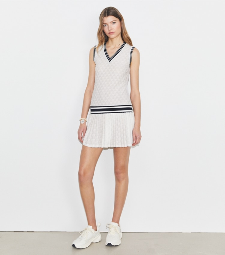 Tory Sport designer dresses Terry Jacquard Tennis Dress in Snow White on model front