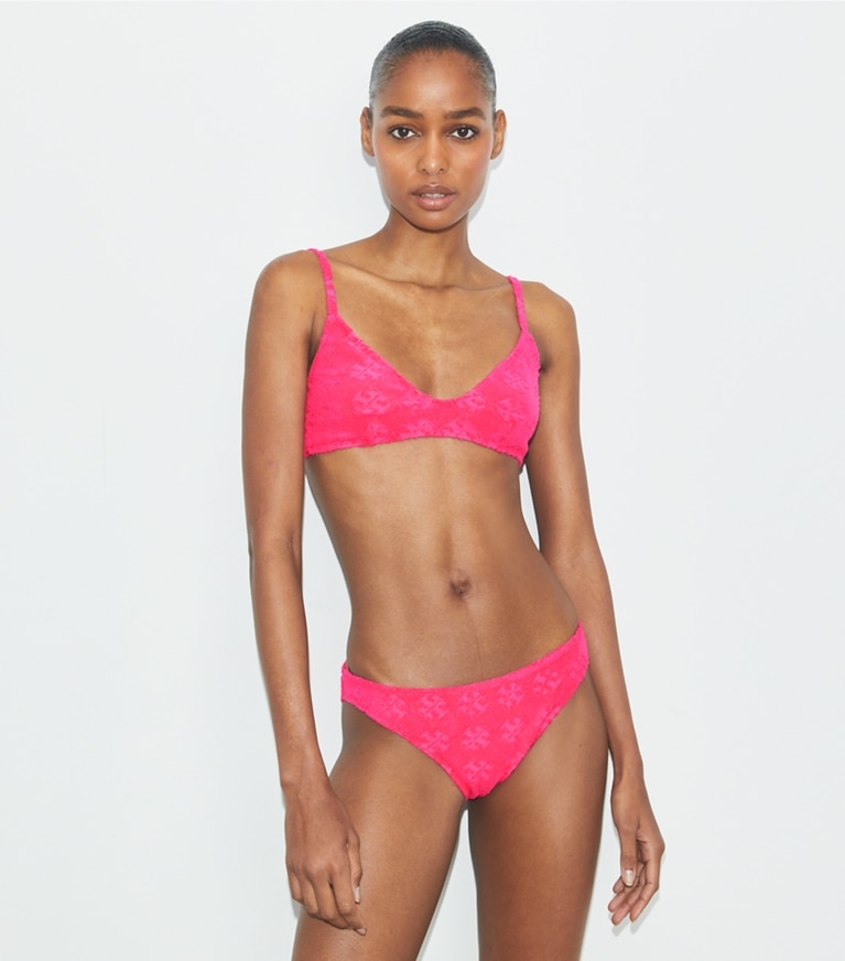 Tory Burch designer two pieces Terry Logo Bikini Botttom in Bold Pink front