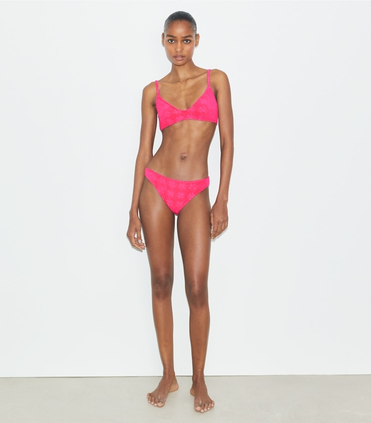 Tory Burch designer two pieces Terry Logo Bikini Botttom in Bold Pink on model front