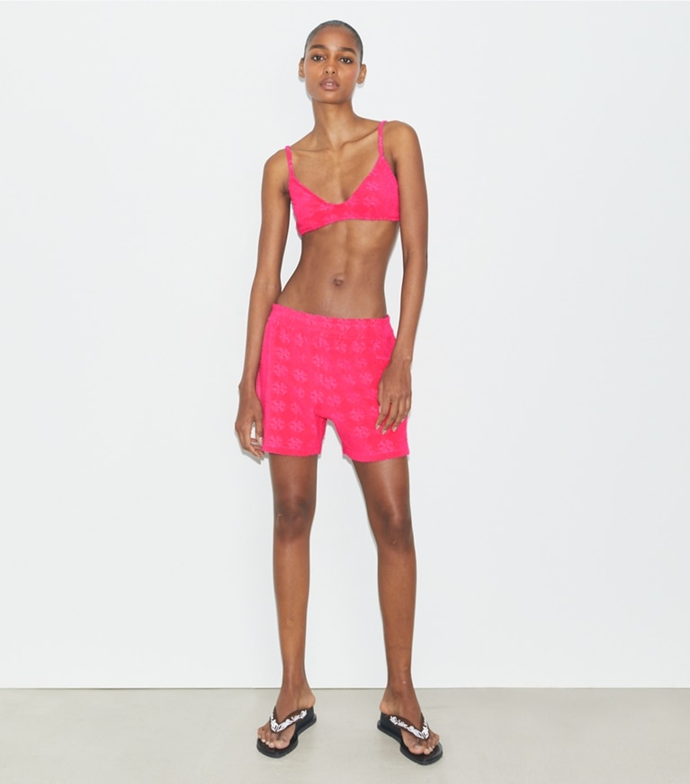 Tory Burch designer two pieces Terry Logo Bikini Top in Bold Pink front