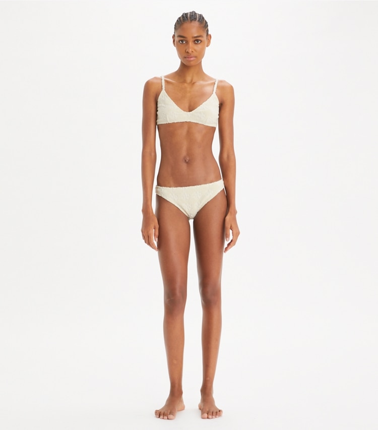 Tory Burch designer two pieces Terry Logo Bikini Top in NEW IVORY on model front
