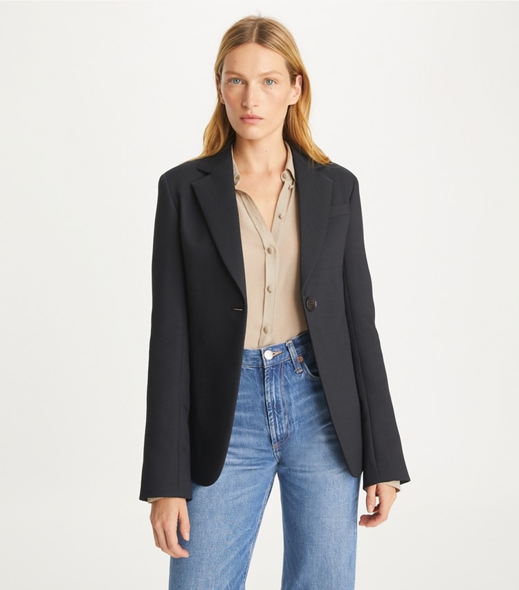 Tory Burch designer jackets Textured Crepe Blazer in Black on model detail
