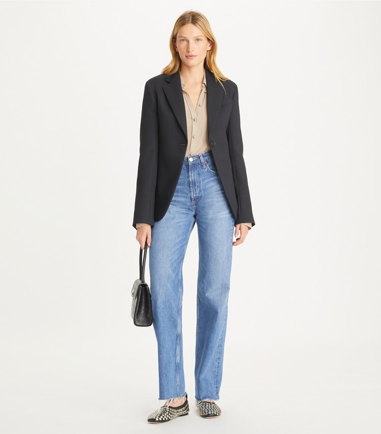 Tory Burch designer jackets Textured Crepe Blazer in Black on model front