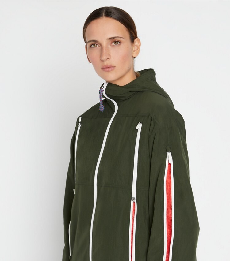 Tory Sport designer jackets Textured Nylon Mesh-Vent Jacket in Alpine on model detail