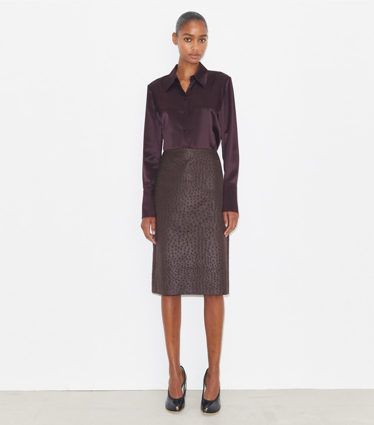 Tory Burch designer unterteile Textured Skirt in Roasted Eggplant modell von vorn