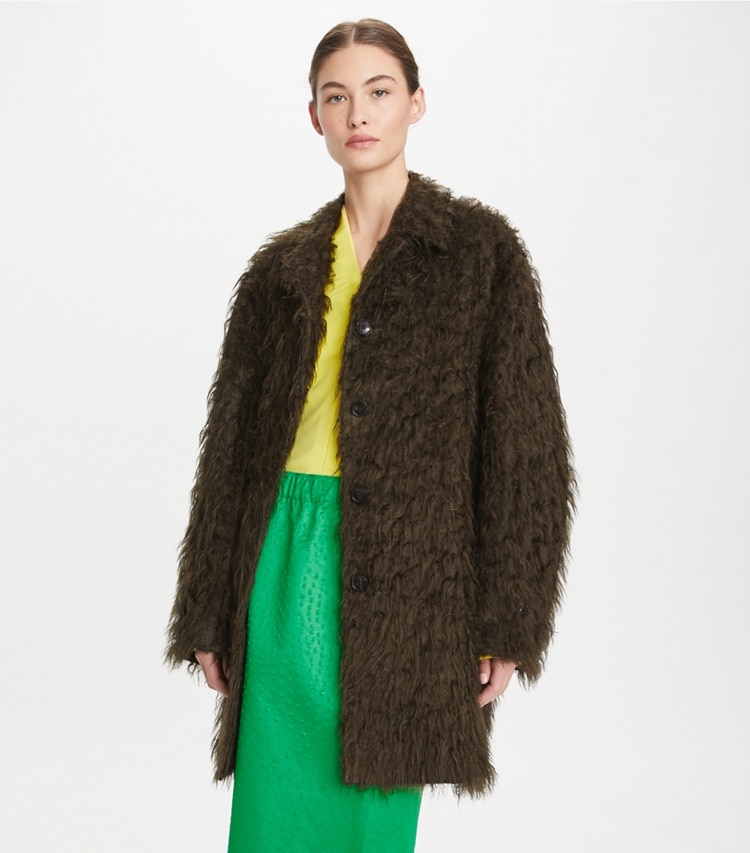 Tory Burch designer coats Textured Viscose Coat in Chocolate Hazelnut on model detail