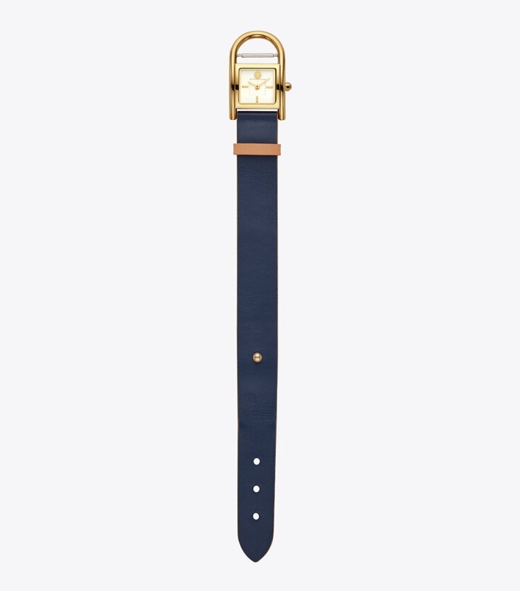 Tory Burch designer strap watches Thayer Watch, Beige & Navy Leather/Gold-Tone, 25 X 39 MM in Navy/Luggage/Gold/Ivory back