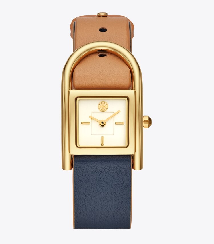 Tory Burch designer strap watches Thayer Watch, Beige & Navy Leather/Gold-Tone, 25 X 39 MM in Navy/Luggage/Gold/Ivory front