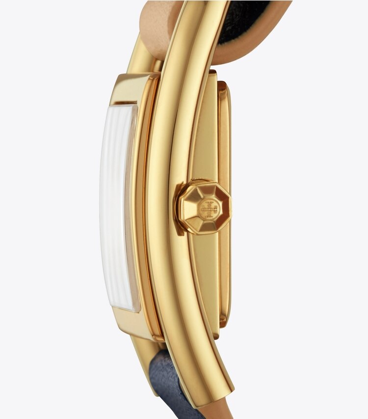 Tory Burch designer strap watches Thayer Watch, Beige & Navy Leather/Gold-Tone, 25 X 39 MM in Navy/Luggage/Gold/Ivory side