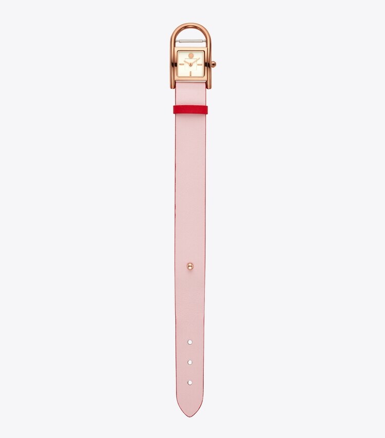 Tory Burch designer strap watches Thayer Watch, Beige & Pink Leather/Rose-Gold, 25 X 39 MM in Rosa/Luggage/Rose Gold/Ivory back