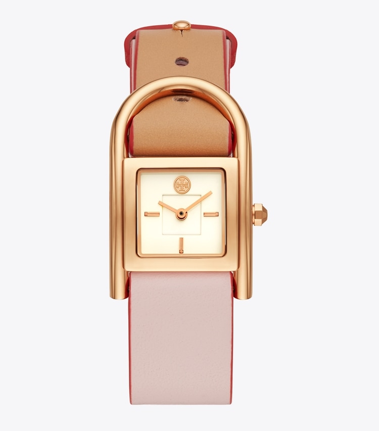 Tory Burch designer strap watches Thayer Watch, Beige & Pink Leather/Rose-Gold, 25 X 39 MM in Rosa/Luggage/Rose Gold/Ivory front