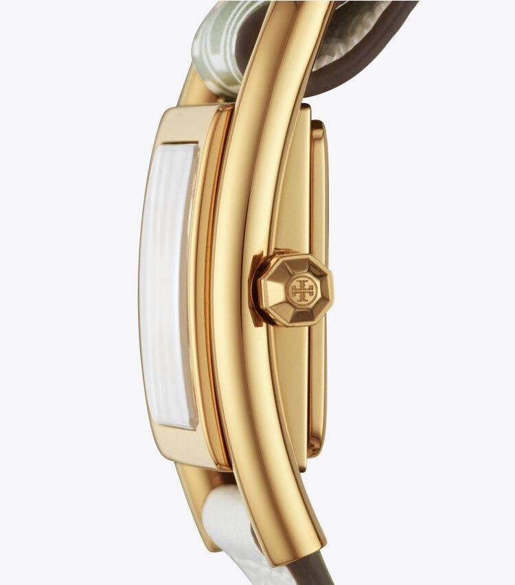 Tory Burch designer strap watches Thayer Watch, Green Leather/Gold-Tone, 25 X 39 MM in Ivory/Green/Gold side