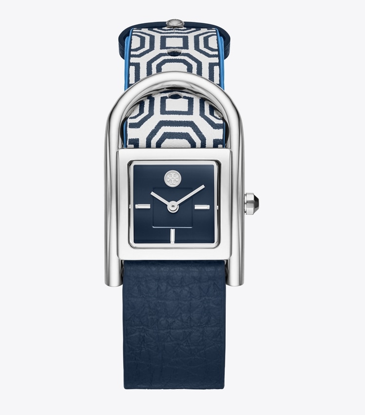 Tory Burch designer strap watches Thayer Watch, Navy Leather/Stainless Steel, 25 X 39 MM in Navy/Ivory/Ss front