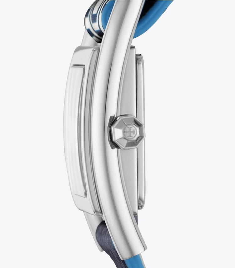 Tory Burch designer strap watches Thayer Watch, Navy Leather/Stainless Steel, 25 X 39 MM in Navy/Ivory/Ss side