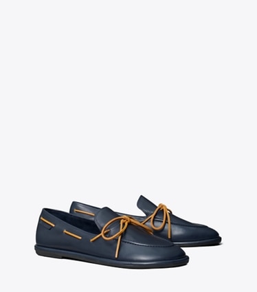 Tory Burch designer flats The Boaty in NEW NAVY / TAN angle