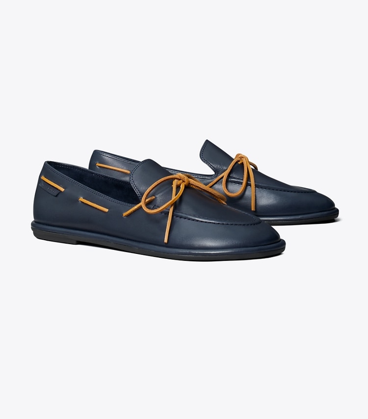 Tory Burch designer flats The Boaty in NEW NAVY / TAN angle