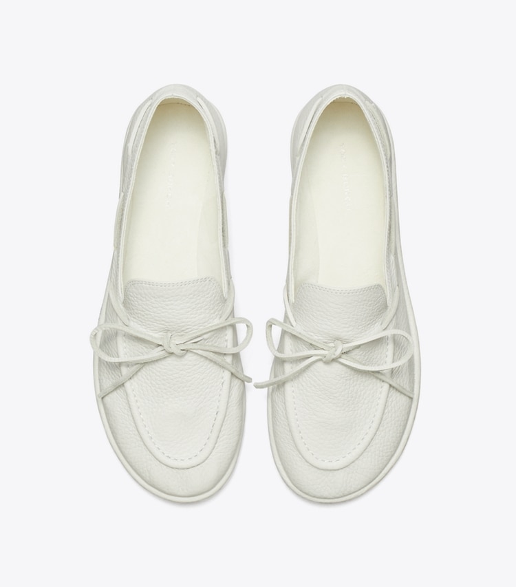 Tory Burch designer flats The Boaty in WHITE / WHITE overhead