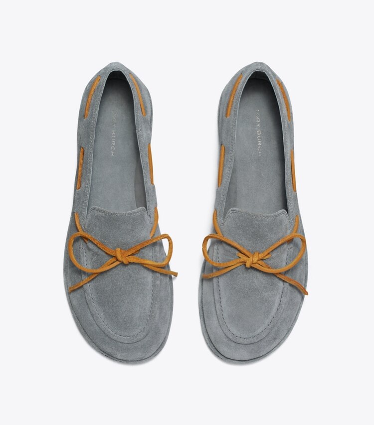 Tory Burch designer flats The Boaty in BASALTO / CUOIO overhead