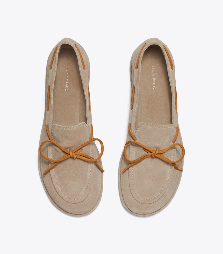 Tory Burch designer flats The Boaty in AVOLA / CUOIO overhead
