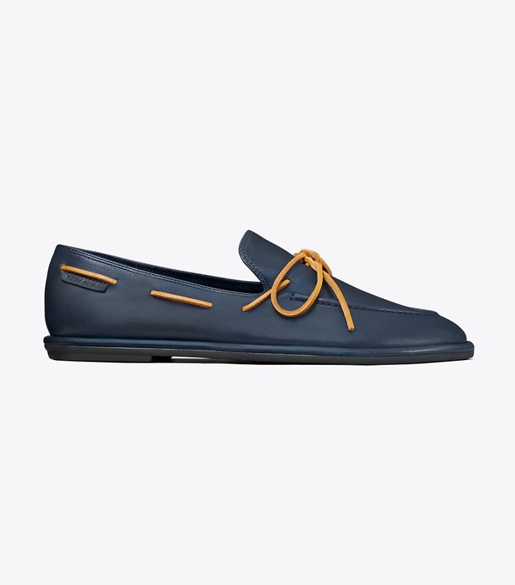 Tory Burch designer flats The Boaty in NEW NAVY / TAN side