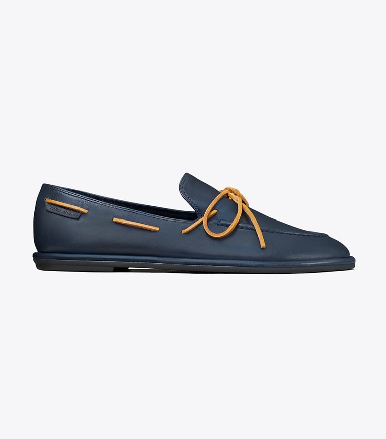 Tory Burch designer flats The Boaty in NEW NAVY / TAN angle