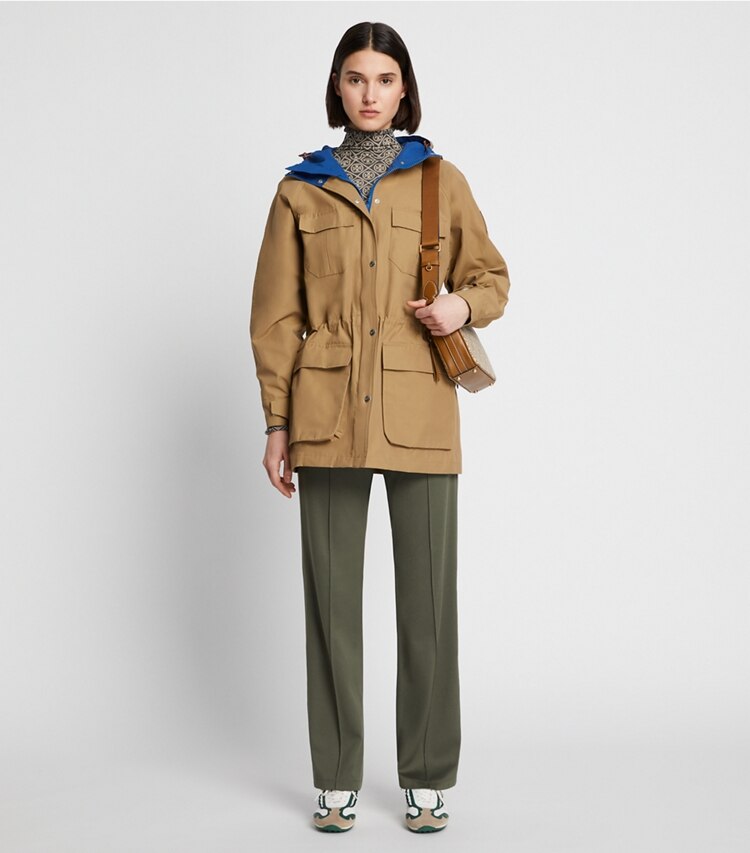 Tory Sport designer jackets The Everything Jacket in Olive Drab on model front