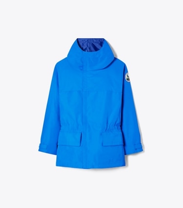 Tory Burch designer jackets The Explorers Club Tech Canvas Hooded Jacket in Bay Blue front