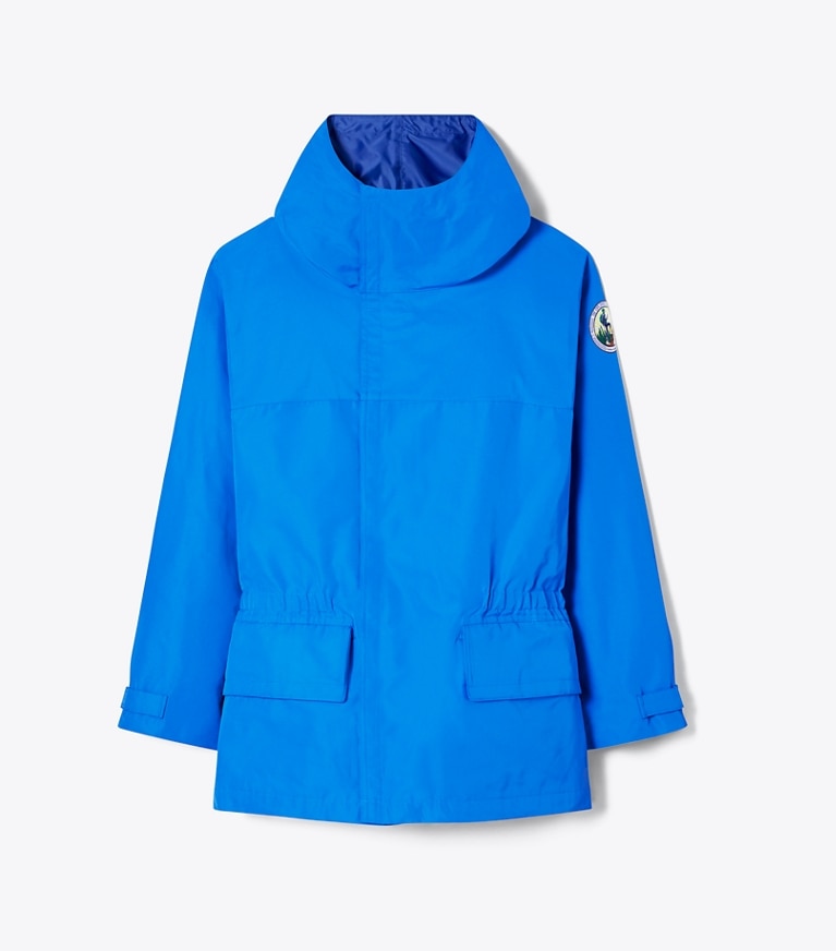 Tory Burch designer jackets The Explorers Club Tech Canvas Hooded Jacket in Bay Blue front