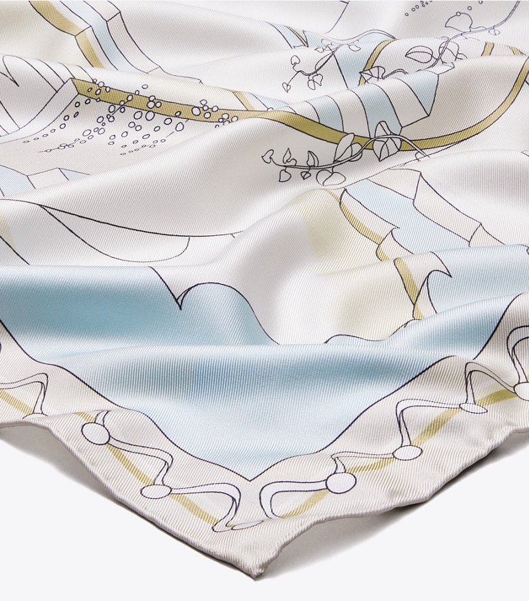 Tory Burch designer scarves The Pool Silk Square Scarf in The Pool Beige detail