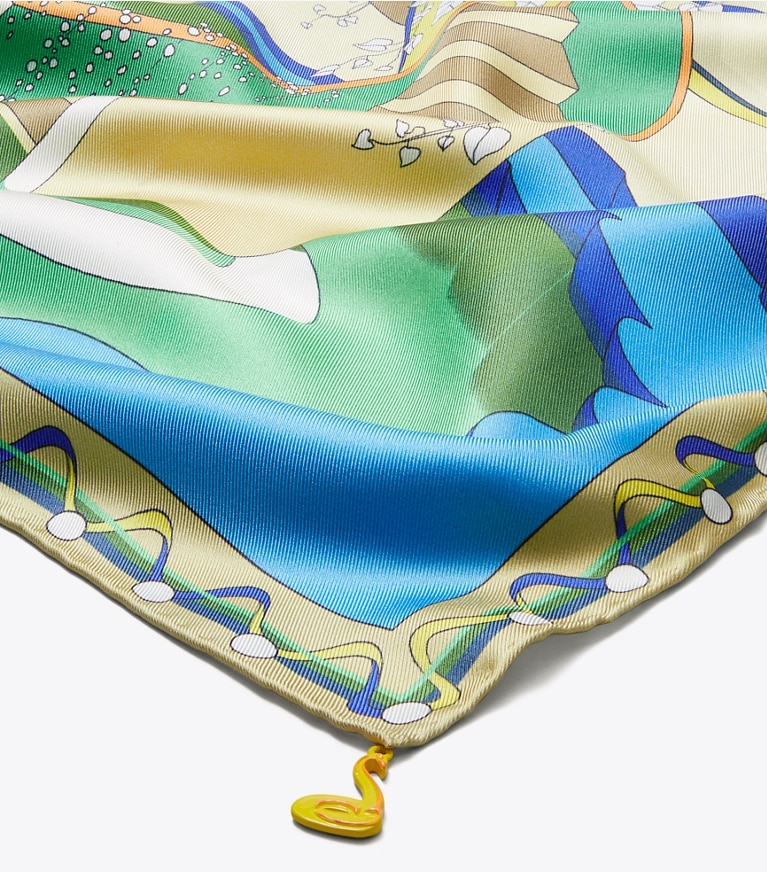 Tory Burch designer scarves The Pool Silk Square Scarf in The Pool Blue detail