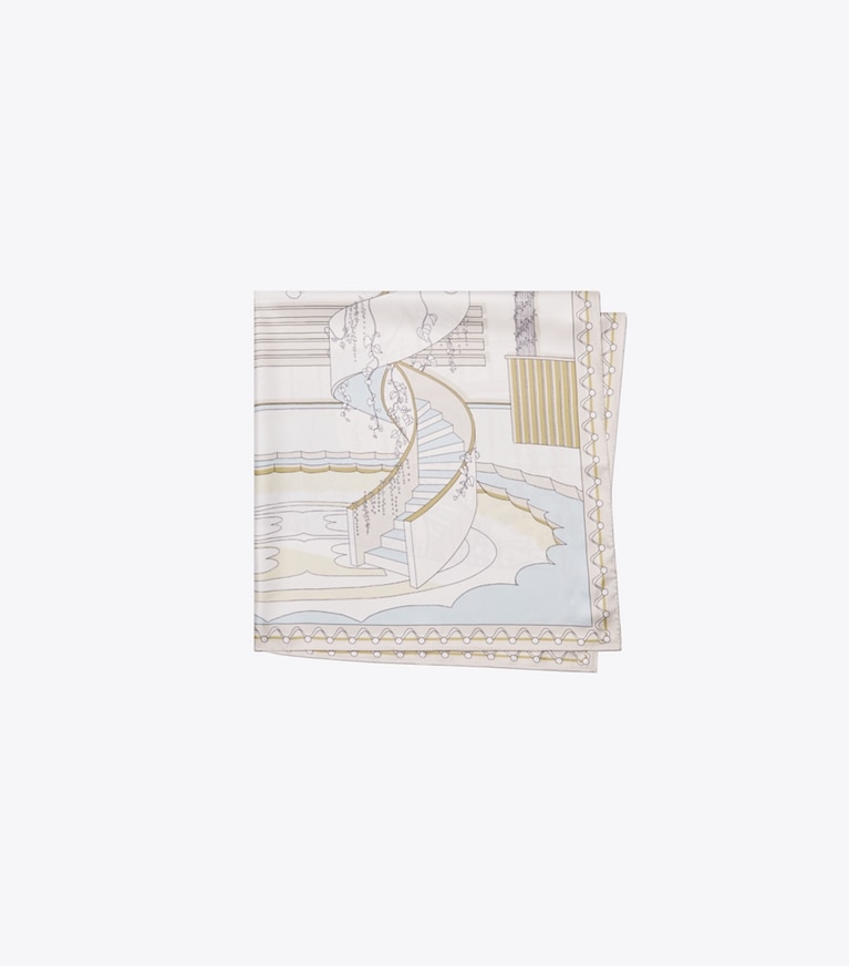 Tory Burch designer scarves The Pool Silk Square Scarf in The Pool Beige folded