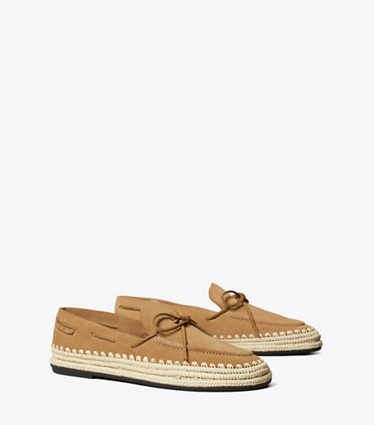 Tory Burch designer flats The Raffia Boaty in AMBER GRAIN / NATURAL angle
