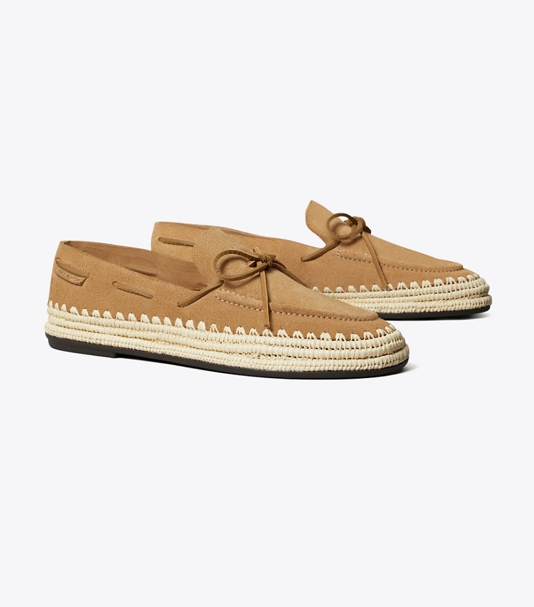 Tory Burch designer flats The Raffia Boaty in AMBER GRAIN / NATURAL angle