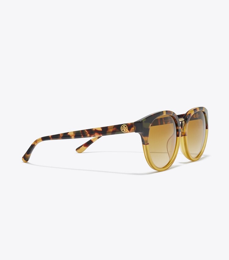 Tory Burch designer sunglasses & eyewear The Reva Color-Blocked Tortoise Sunglasses in AMBER TORTOISE detail