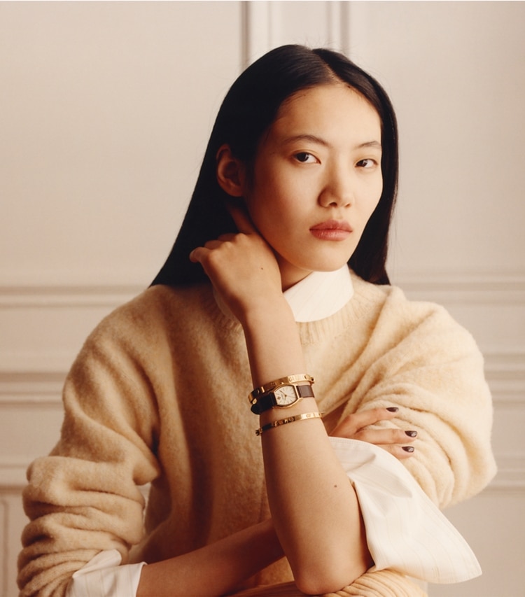 Tory Burch designer bracelets Thin Icon Hinge Bracelet in Tory Gold campaign