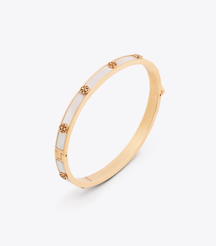 Tory Burch diseñador pulseras Thin Icon Mother Of Pearl Hinge Bracelet en Tory Gold / Mother of Pearl detalle