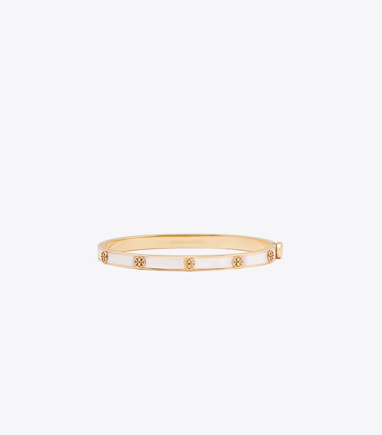 Tory Burch diseñador pulseras Thin Icon Mother Of Pearl Hinge Bracelet en Tory Gold / Mother of Pearl frente