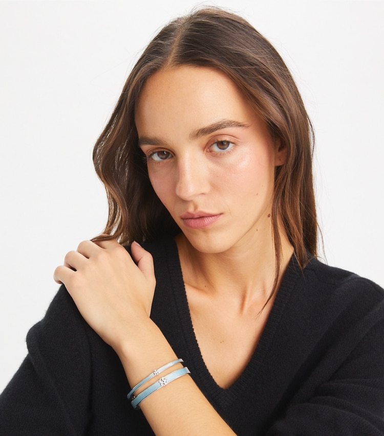 Tory Burch designer bracelets Thin Kira Enamel Bracelet in Tory Silver / Sky accessory on model