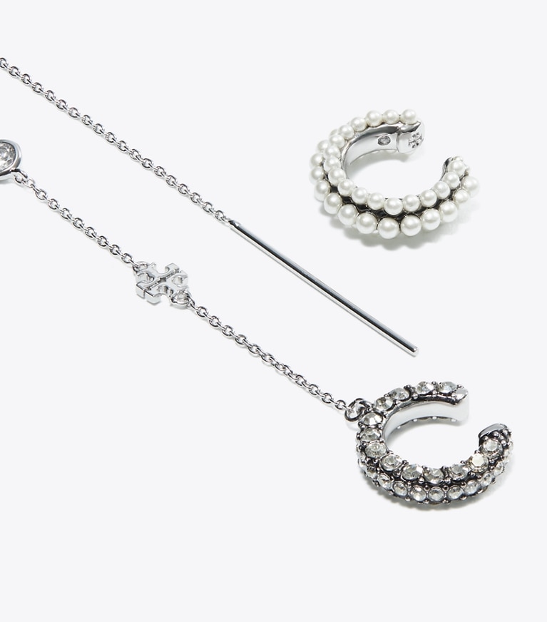 Tory Burch designer ohrringe Threader-Ohrring und Ohrklemme mit Perlen in Tory Silver / Crystal / Pearl front