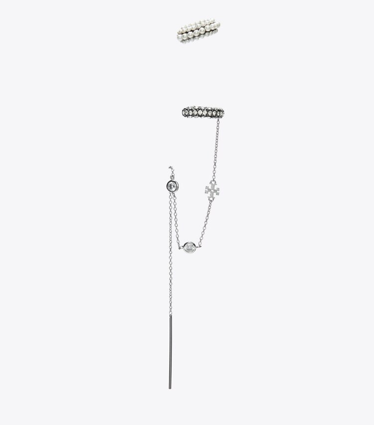 Tory Burch designer ohrringe Threader-Ohrring und Ohrklemme mit Perlen in Tory Silver / Crystal / Pearl front