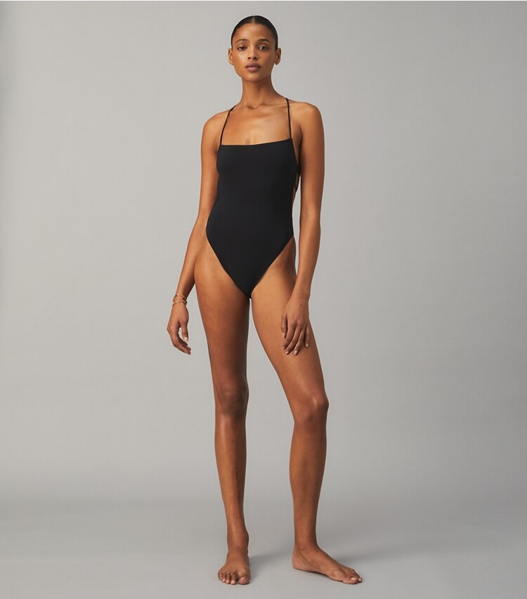 Tory Burch designer one pieces Tie-Back One-Piece Swimsuit in Black on model front