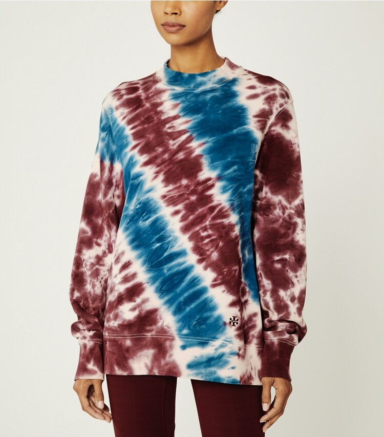 Tory Sport designer sweaters Tie-Dye French Terry Crew in Cotton Pink/Tory Navy Tie Dye on model detail